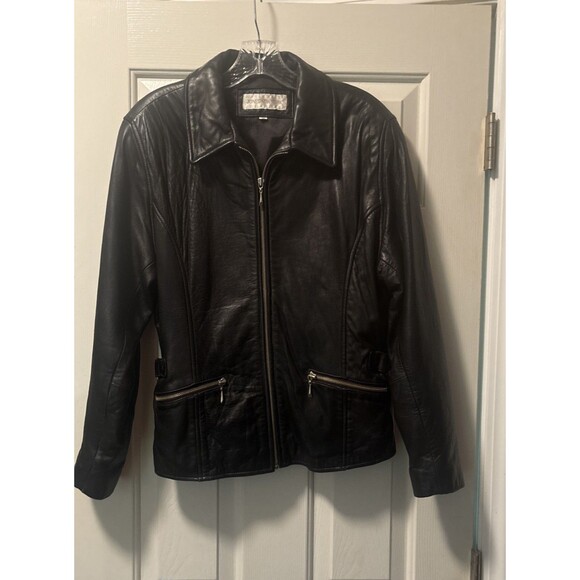 Women's Jones New York Black Leather Jacket SZ M Zipper Front Pre-Owned - Picture 1 of 6
